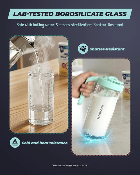 The Go To Rock Solid Borosilicate Glass Breast Milk Pitcher With 32 Oz and Upgraded BPA Free Mixing Spoon in use with hot water.