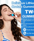 Woman taking 12-In-1 Lithium Orotate Mood Support gummies from packaging with product benefits listed.