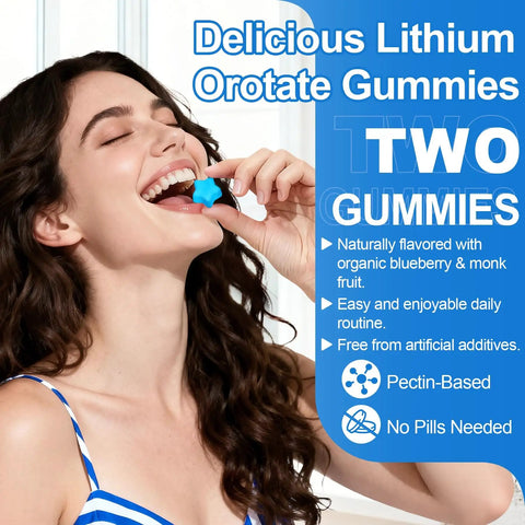 Woman taking 12-In-1 Lithium Orotate Mood Support gummies from packaging with product benefits listed.