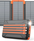 Massive 46800mAh Solar Power Bank With Built In Cables USB C Micro Lightning USB A Cable 3 Foldable Solar Panels PD20W Fast Charging LED Display External Battery Pack With SOS Camping Light For Outdoor Adventures, showcasing front view with cables and lit flashlight.