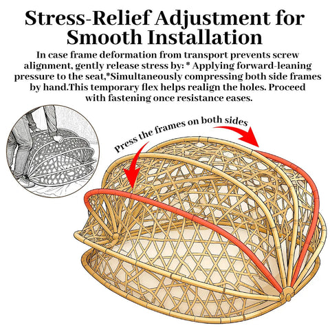 Diagram showing stress-relief adjustment for Cozy Hanging Egg Chair With Stand And Plush Cushions For Indoor Outdoor Chill Sessions