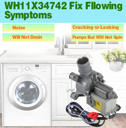 Upgraded Washer Drain Pump Assembly WH11X34742 For Frigidaire FFTW4120SW Washing Machine in gray with wiring and connector