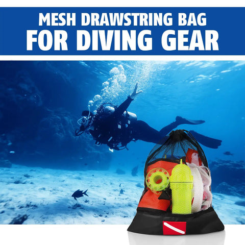 12x16 Inch Mesh Dive Bag With Shrink Lock And Dive Flag Mark with scuba gear, underwater diving background