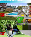 Image showing Heavy Duty Driveway Safety Net Fence Gate Mesh Portable Barrier For Backyard And Yard Keeps Kids Pets And Basketballs From Getting Into Trouble Easy Install Outdoor Guard For Pool Garage And Construction Areas with symbols indicating not suitable for pools and pets.