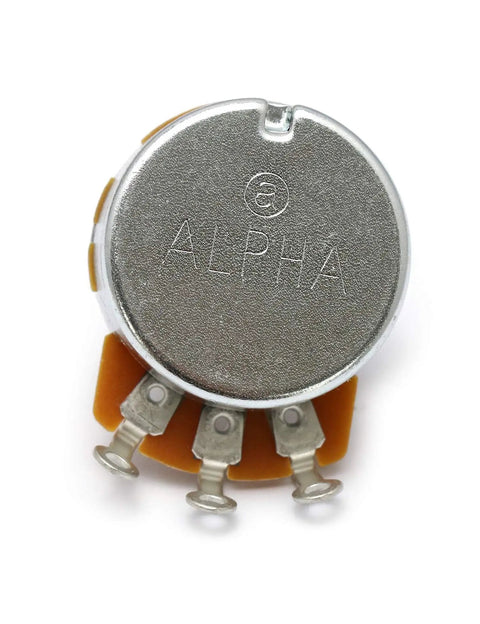 Alpha Pots Linear B250k Tone Potentiometer for Electric Guitars and Basses with 6mm Split Shaft, round chrome body view