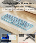 Top Shelf Retro Typewriter Mechanical Keyboard With Hella Crisp Blue Switches And Long Lasting Rechargeable Battery For Slick Triple Mode Gaming Setup Compatible On Windows Mac Pc Devices, tri-mode connections displayed.