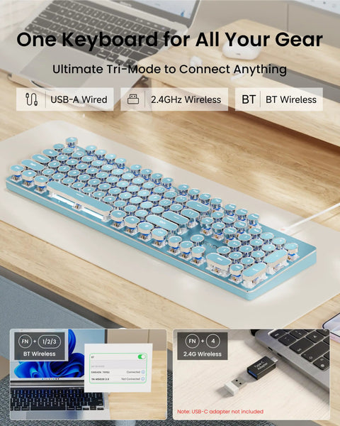 Top Shelf Retro Typewriter Mechanical Keyboard With Hella Crisp Blue Switches And Long Lasting Rechargeable Battery For Slick Triple Mode Gaming Setup Compatible On Windows Mac Pc Devices, tri-mode connections displayed.