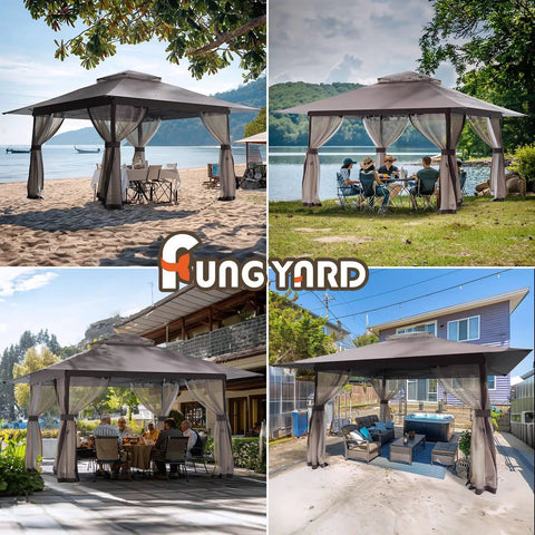 13x13 Outdoor Gazebo With Mosquito Netting And Double Roof Pop Up Canopy Tent On Wheels With Scenes of Beach, Lake, Backyard