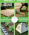 12 Inch Landscape Staples With Hook And Hammer Kit 60 Count Circle Top Garden Stakes For SOD And Edging 9 Gauge Galvanized Rust Resistant Pins Easy Install And Quick Removal Tools Included shown used for RV mat, landscape turf, garden edging, and tent corners