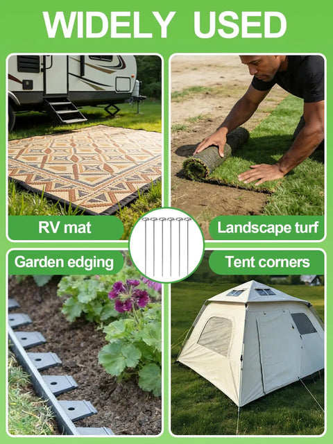 12 Inch Landscape Staples With Hook And Hammer Kit 60 Count Circle Top Garden Stakes For SOD And Edging 9 Gauge Galvanized Rust Resistant Pins Easy Install And Quick Removal Tools Included shown used for RV mat, landscape turf, garden edging, and tent corners