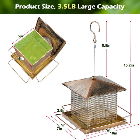 Built Tough Outdoor Hanging Bird Feeder With Waterproof Metal Build, Large 3.5Lb Capacity, Retro Oriental Style, copper detail