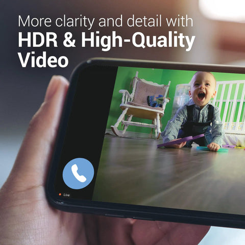 Smartphone displaying Indoor Home Security Camera With 360 Degree Pan, 1080P HDR, color night vision showing baby in room