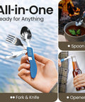 4 In 1 Camping Utensils Set Portable Stainless Steel Spoon Fork Knife And Bottle Opener Multitool in use for camping and travel
