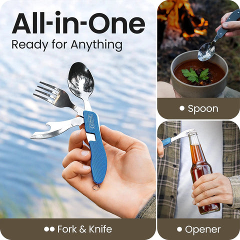 4 In 1 Camping Utensils Set Portable Stainless Steel Spoon Fork Knife And Bottle Opener Multitool in use for camping and travel