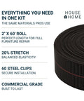 Elastic Webbing Kit For Repairing Sagging Couches And Furniture, Two Inch Wide, Sixty Feet Of Durable Webbing With Metal Clips