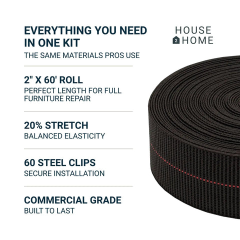 Elastic Webbing Kit For Repairing Sagging Couches And Furniture, Two Inch Wide, Sixty Feet Of Durable Webbing With Metal Clips