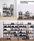 Extra Large Eight Tier Four Row Shoe Rack Holds 72 To 76 Pairs Beefy Heavy Duty Metal Boot Storage Organizer displayed in different setups