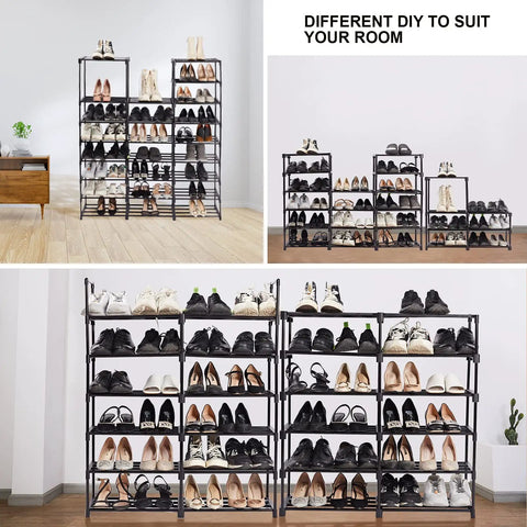 Extra Large Eight Tier Four Row Shoe Rack Holds 72 To 76 Pairs Beefy Heavy Duty Metal Boot Storage Organizer displayed in different setups