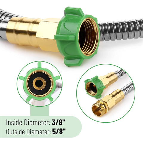 Close-up of Heavy Duty Stainless Steel Garden Hose 3 Feet Short All Metal Water Hose No Kink Built To Last Durable Flexible Lightweight