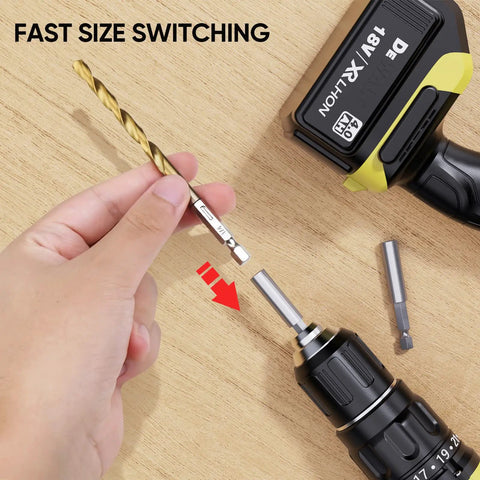 Titanium Coated Drill Bit Set With Hex Shank And 135 Degree Tip High Speed Steel Drill Bits Kit For Steel Aluminum Copper And Soft Alloys One Sixteenth Inch To One Quarter Inch Durable Sharpness And Fast Chip Ejection