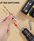 Titanium Coated Drill Bit Set 21 Pcs With Hex Shank 135 Degree Tip High Speed Steel Kit in use with drill for easy size switching.