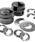 Beefed Up Front Wheel Hardware Kit With Hub Caps And Thrust Washers Including E Clips in black, metal parts for lawn gear rebuilds