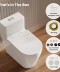 Slick Modern Elongated One Piece Toilet With Skirted Seamless Build And 17 Inch Comfort Chair Height Seat parts in box including wax ring and accessories.