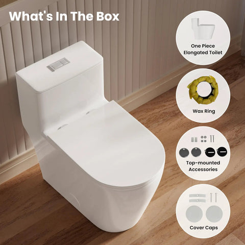 Slick Modern Elongated One Piece Toilet With Skirted Seamless Build And 17 Inch Comfort Chair Height Seat parts in box including wax ring and accessories.