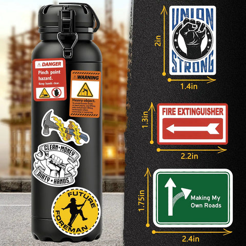 160 Pcs Funny Blue Collar Hard Hat Stickers For Adults Men Waterproof Vinyl Set For Welding Electrician Mechanic Construction Tool Box Helmet Water Bottle Decor on a black bottle with different stickers.