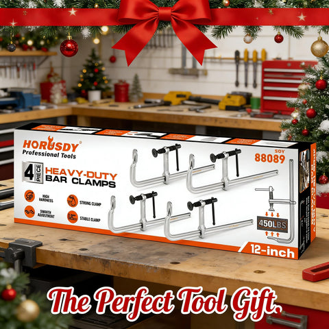 4 Pack 12 Inch Bar Clamps Set, Lightweight Drop Forged Steel F Clamps With Smooth Adjustment, 450 Lb Load Capacity, gift box on workbench