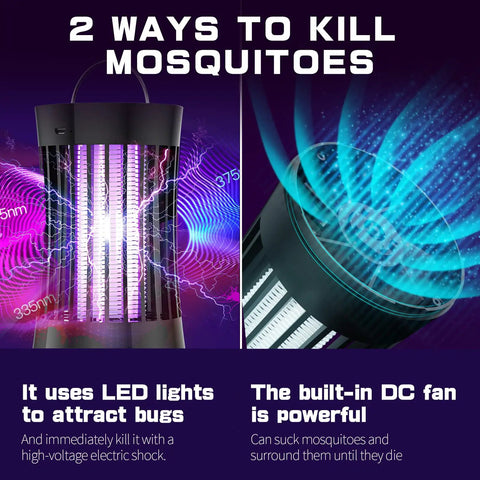Portable USB Rechargeable Mosquito Killer Lamp Bug Zapper with LED lights and DC fan for outdoor and indoor use.