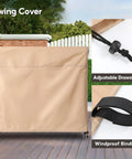 Beige Outdoor 3 Seater Hammock Swing Chair Cover For Patio Water Resistant All Weather Protection Fits 80 Inch Long By 60 Inch Deep By 72 Inch High Breathable 400D Polyester With Elastic Hem shown with adjustable drawstring and windproof binding.