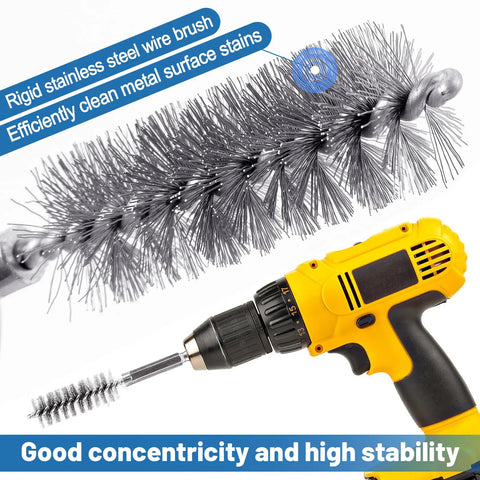 Eighteen Piece Wire Bore Brush Set With Quarter Inch Hex Shank For Power Drill, shown on a power drill, close-up view.