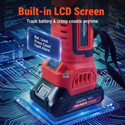 Holdwell S Pro 18V Electric Pipe Crimping Tool 24KN Brushless Motor with LCD screen showing battery level and count.