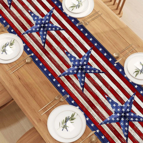 All American Patriotic Table Runner With Red White And Blue Stars For Fourth of July Memorial Day And Veterans Day Durable Polyester