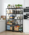 No Sweat Install Heavy Duty 5 Tier Metal Wire Shelving, Set Of 2 Compact Storage Racks With Floor Levelers For Garage, Kitchen, Pantry, Smart Way To Tame Clutter In Tiny Spaces Black in kitchen filled with food and plants.