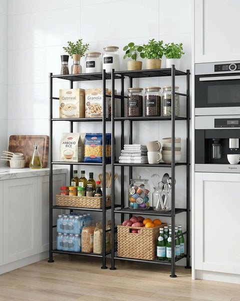 No Sweat Install Heavy Duty 5 Tier Metal Wire Shelving, Set Of 2 Compact Storage Racks With Floor Levelers For Garage, Kitchen, Pantry, Smart Way To Tame Clutter In Tiny Spaces Black in kitchen filled with food and plants.