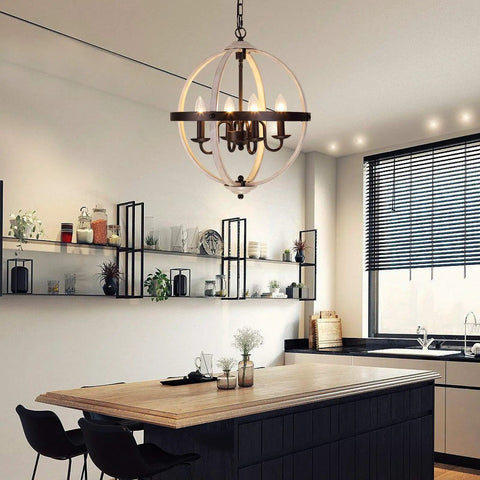 Dope Farmhouse Rustic Globe Orb Chandelier In Oak And White Finish Four Light Pendant above kitchen island