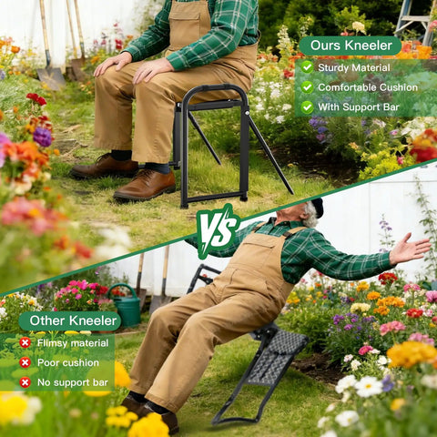 Comparison heavy duty garden kneeler and seat with dual support legs 400 lb capacity versus flimsy option in a garden setting.