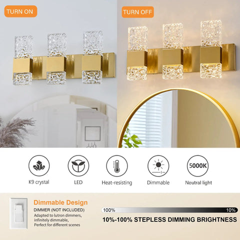Modern LED Vanity Lights For Bathroom Over Mirror In Brushed Gold With Crystal Accent Fixtures Two Lights Sleek Wall Sconces 20W 3000K 15 Inch Dimmable Energy Efficient Easy Install