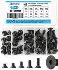 Heavy Duty M6 Flat Head Hex Socket Cap Screws Set, 8, 12, 16, 20, 25mm Lengths, Fully Threaded Countersunk Bolts, 10.9 Grade Alloy Steel, Black Oxide Finish, Metric Allen Drive, 50-Piece Assortment Kit, Built to Last in a clear segmented box with close-up of individual screws.