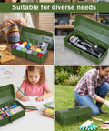 Green Metal Tool Box With Lock 15 Inch Heavy Duty Steel Chest, used for knitting, tools, art supplies, and gardening storage.