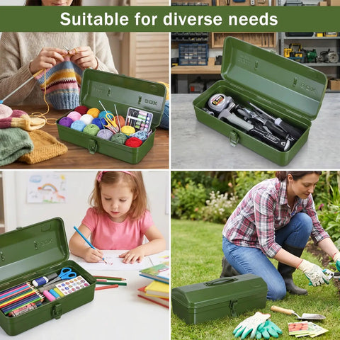 Green Metal Tool Box With Lock 15 Inch Heavy Duty Steel Chest, used for knitting, tools, art supplies, and gardening storage.