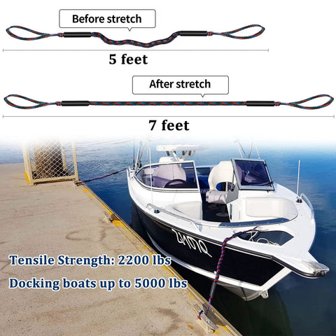 Badass Boat Bungee Dock Lines For Quick Mooring And Wave Blocking Must Have Watercraft Accessories For Pontoon And Bass Boats Plus Jet Skis Five Foot Elastic Mooring Ropes That Lock Solid Anytime A Sweet Gift For Fellas Out On The Water with 5-foot and 7-foot stretch design on docked boat.
