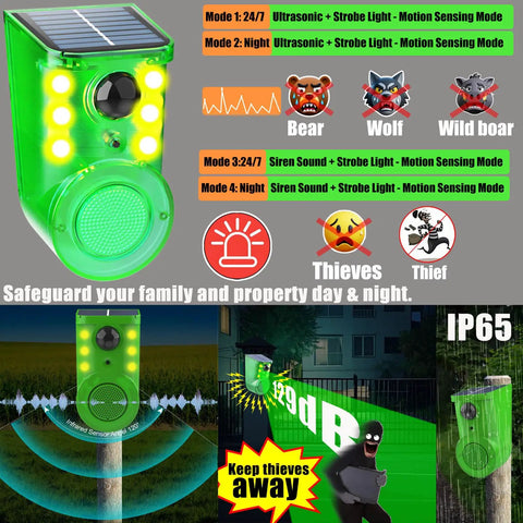 Solar Outdoor Motion Sensor Alarm With Ultrasonic Detection 129dB Siren Strobe Light For Home Villa Yard Farm Barn Chicken Coop 5 Adjustable Modes Day And Night Security System, green solar alarm with sensor and LEDs