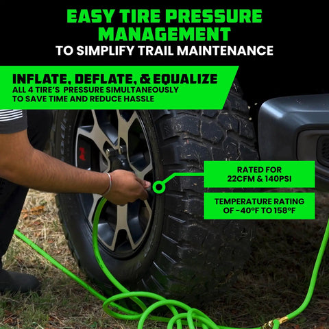Close-up of Ultra Fast Four Tire Inflation And Deflation System With Four Way Hose Kit for trucks in use on a tire.