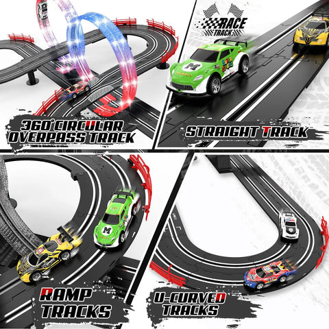3 In 1 Slot Car Race Track Set With 4 High Speed Cars Includes Circular Overpass And Flash Tracks 1 To 43 Scale Remote Control Racing Easy Build Auto Lap Counter Perfect Gift For Adults And Kids 6 7 8 9 10 12 Year Olds Fam Friendly Fun viewed from multiple angles