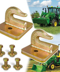 Two Pack Grade 70 Forged Steel Three Eighths Inch Tractor Bucket Grab Hooks With Backer Plate And Mounting Hardware shown with tractor