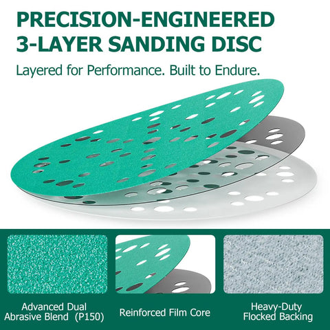 Precision-engineered 6 Inch Sanding Discs 80 Grit, 50 Pack, 49-Hole Hook And Loop Film Backing for woodworking.