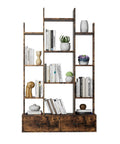 Vintage Industrial Freestanding Bookcase With 12 Shelves And 2 Drawers In Rustic Brown Finish showcasing books and decor.